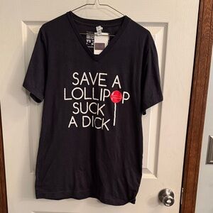 Women’s Black Short-Sleeve V-Neck Graphic Tee with Red Lollipop Print